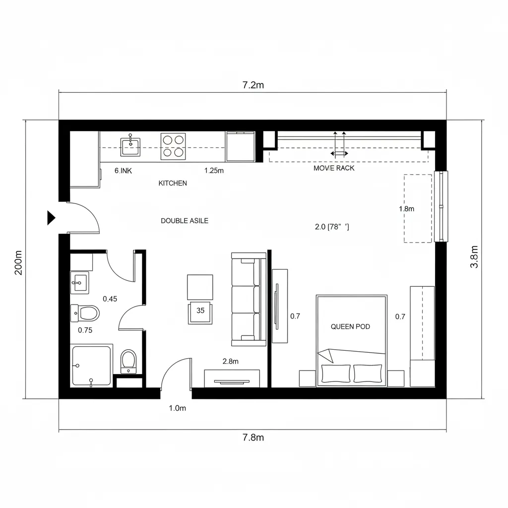 Top-down CAD plan of a split studio with a sliding kernel partition separating living and sleep