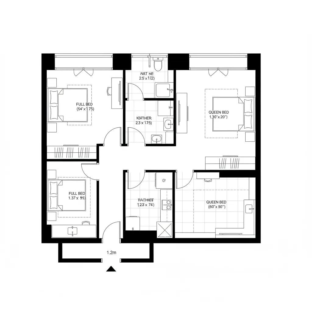 Interior design drawing of compact apartment layout with three beds two bathrooms and small kitchen