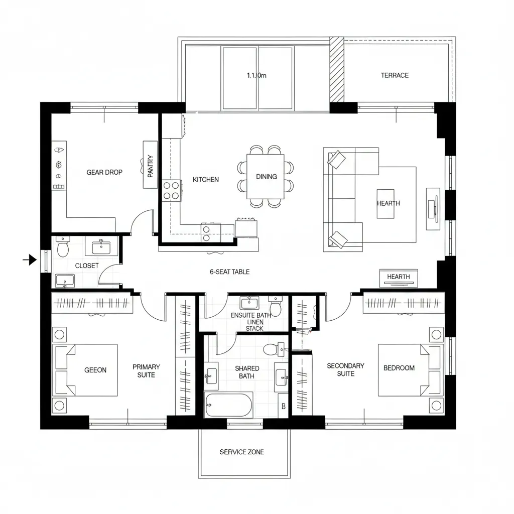 Top-down CAD plan of split primary suite with central social spine and terrace