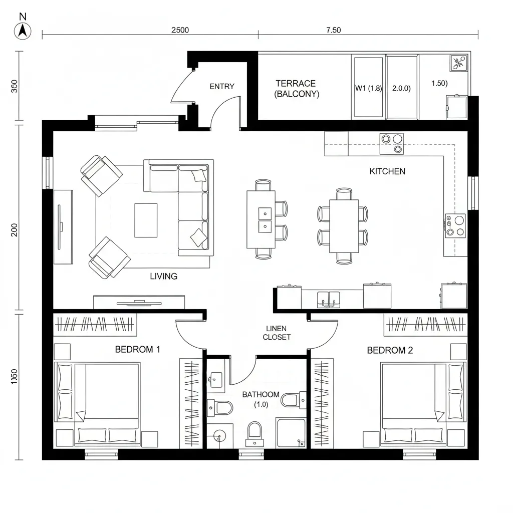 Detailed two bedroom apartment floor plan with a living room kitchen terrace bathroom and labels
