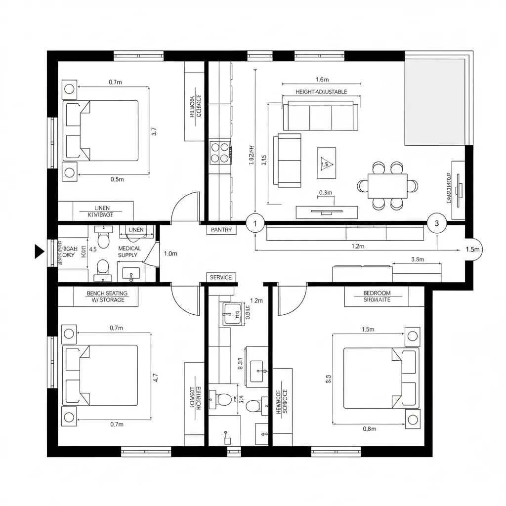 Floor plan with three bedrooms plus a large living room and dining area with a table