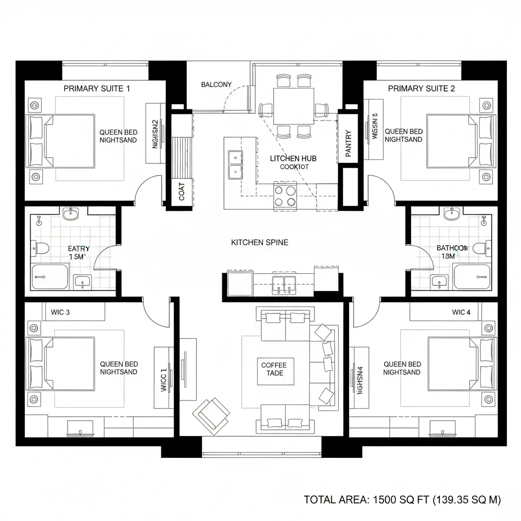 Top-down CAD plan with split primary suites and shared commons