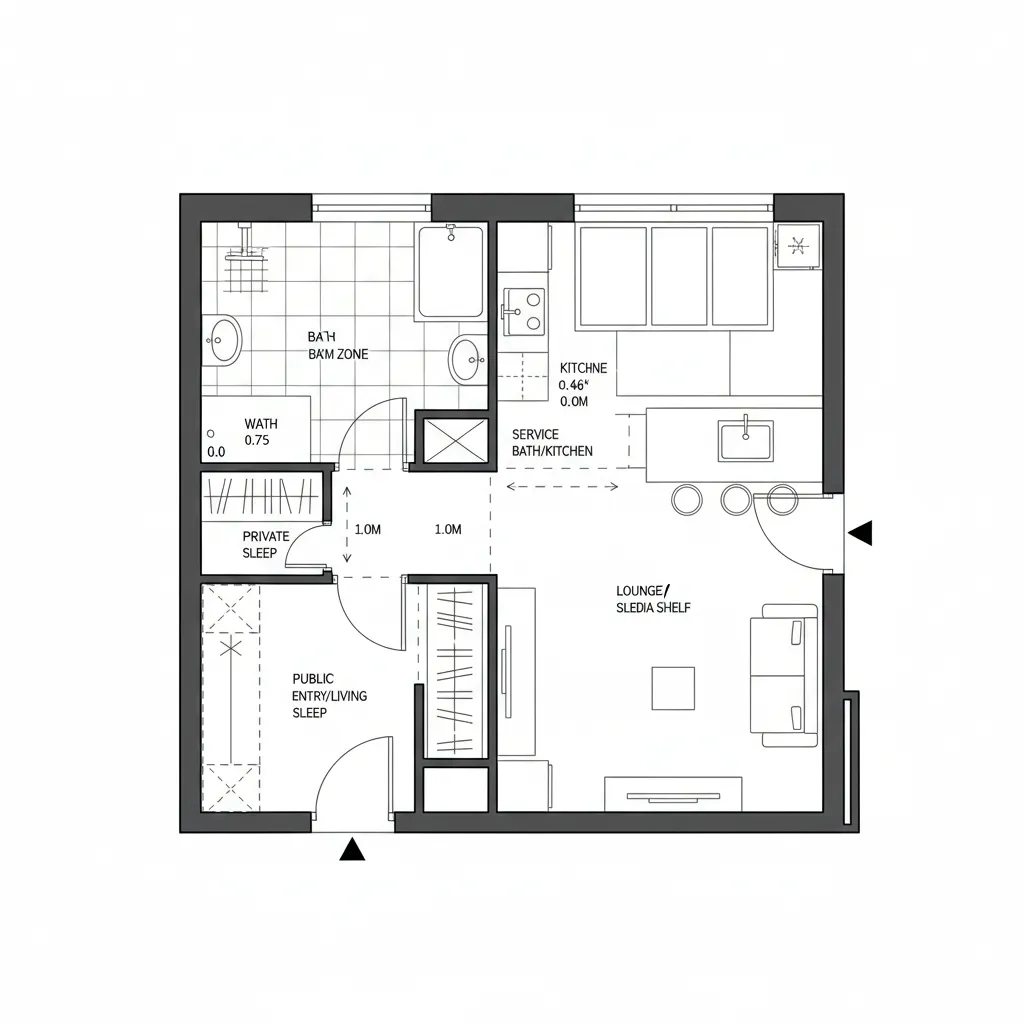 CAD top-down plan showing parallel service and leisure lanes with defined crossovers