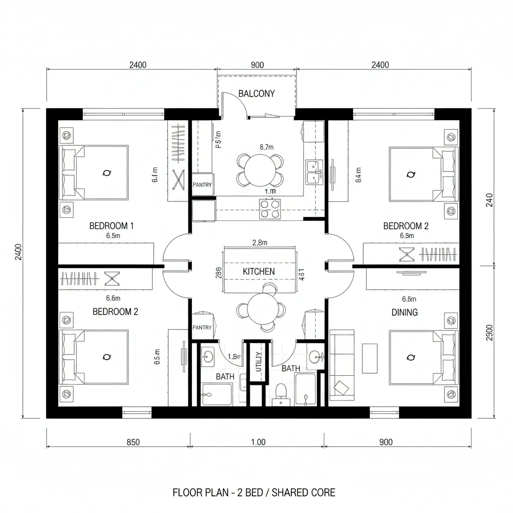 Detailed two bedroom floor plan showing a central kitchen and dining area with two private bathrooms