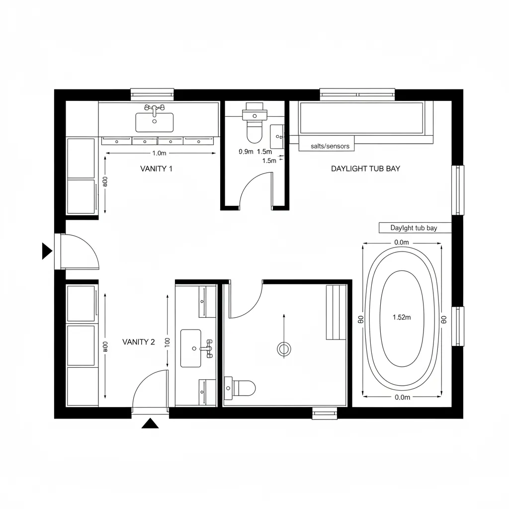 Top-down CAD plan with split vanities, enclosed WC, and daylight tub bay