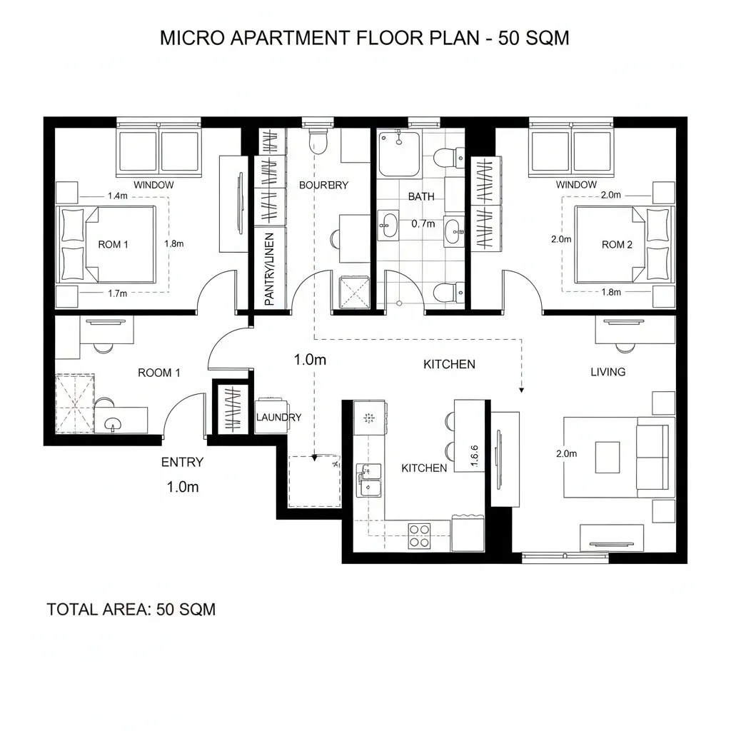 Top-down CAD floor plan of a 50m² micro two-room with central service spine and staggered windows