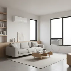 Modern living room with grey sofa wooden coffee table split air conditioner and window unit