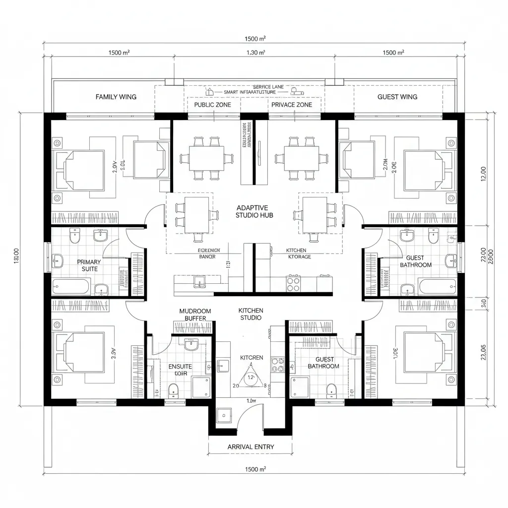 Top-down CAD plan of split wings linked by an adaptive studio
