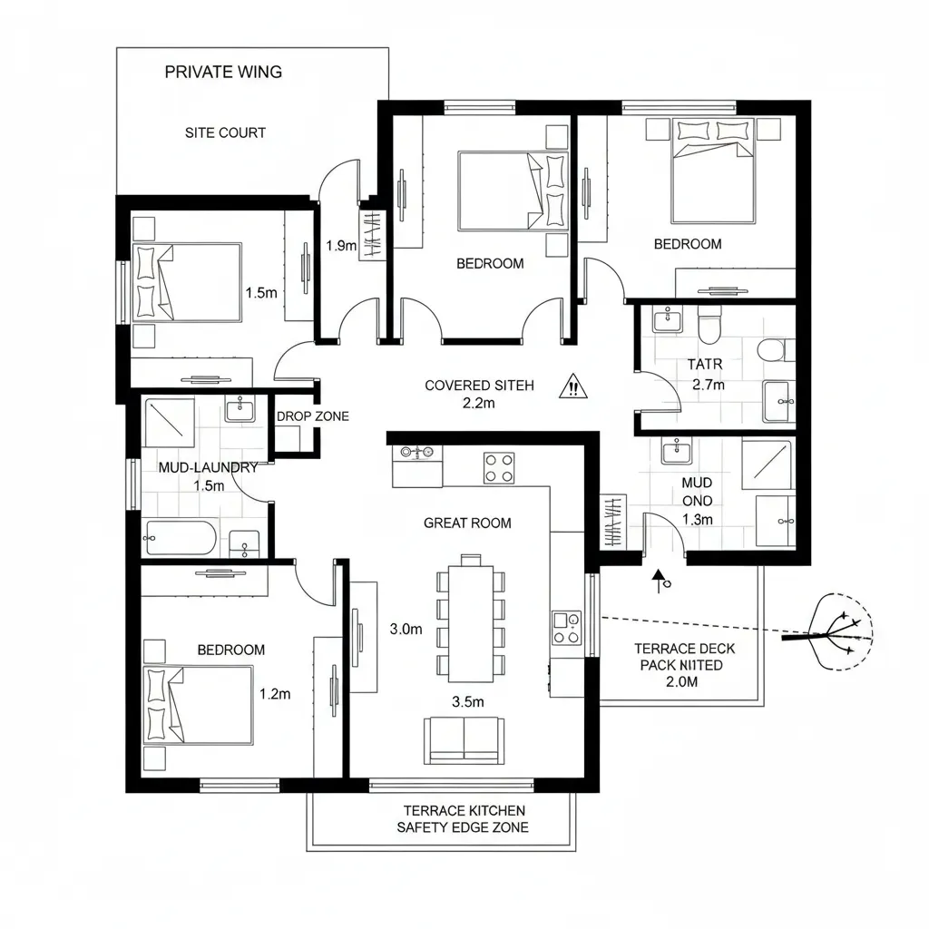 Top-down CAD plan of split wings bridged by a breezeway