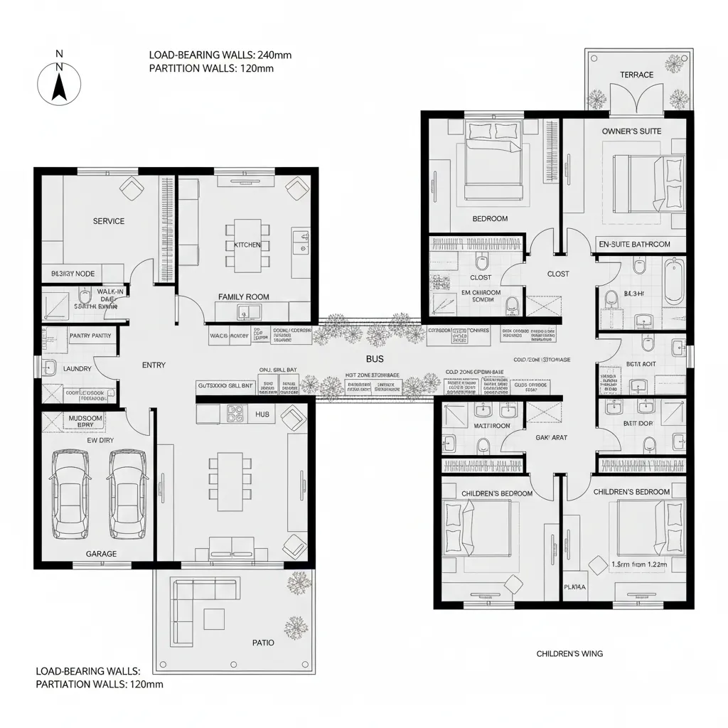 Modern floor plan drawing showing garage kitchen family room bedroom suite terrace and patio layout design