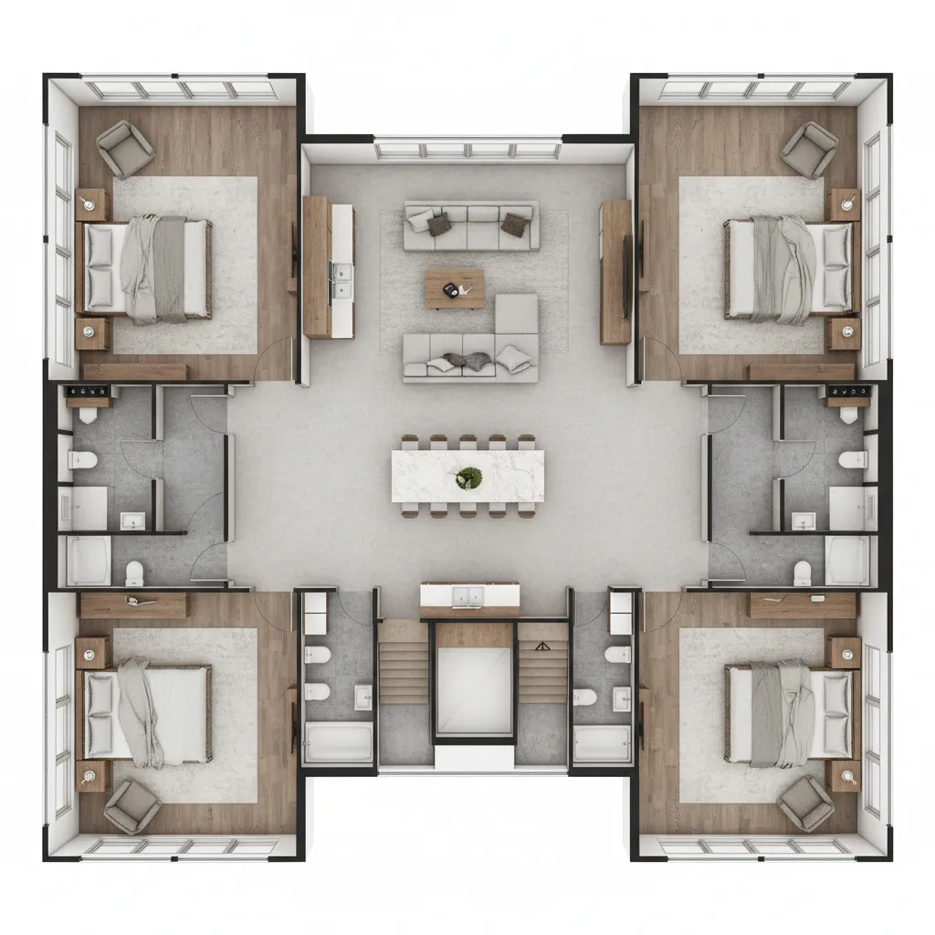 split wing floor plan with master suites on opposite sides of house