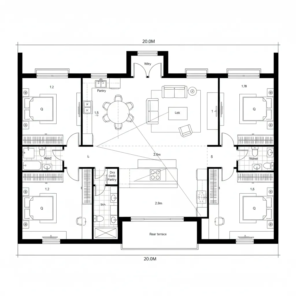 Top-down CAD plan with central core and two wings, pocket doors enabling flexible privacy