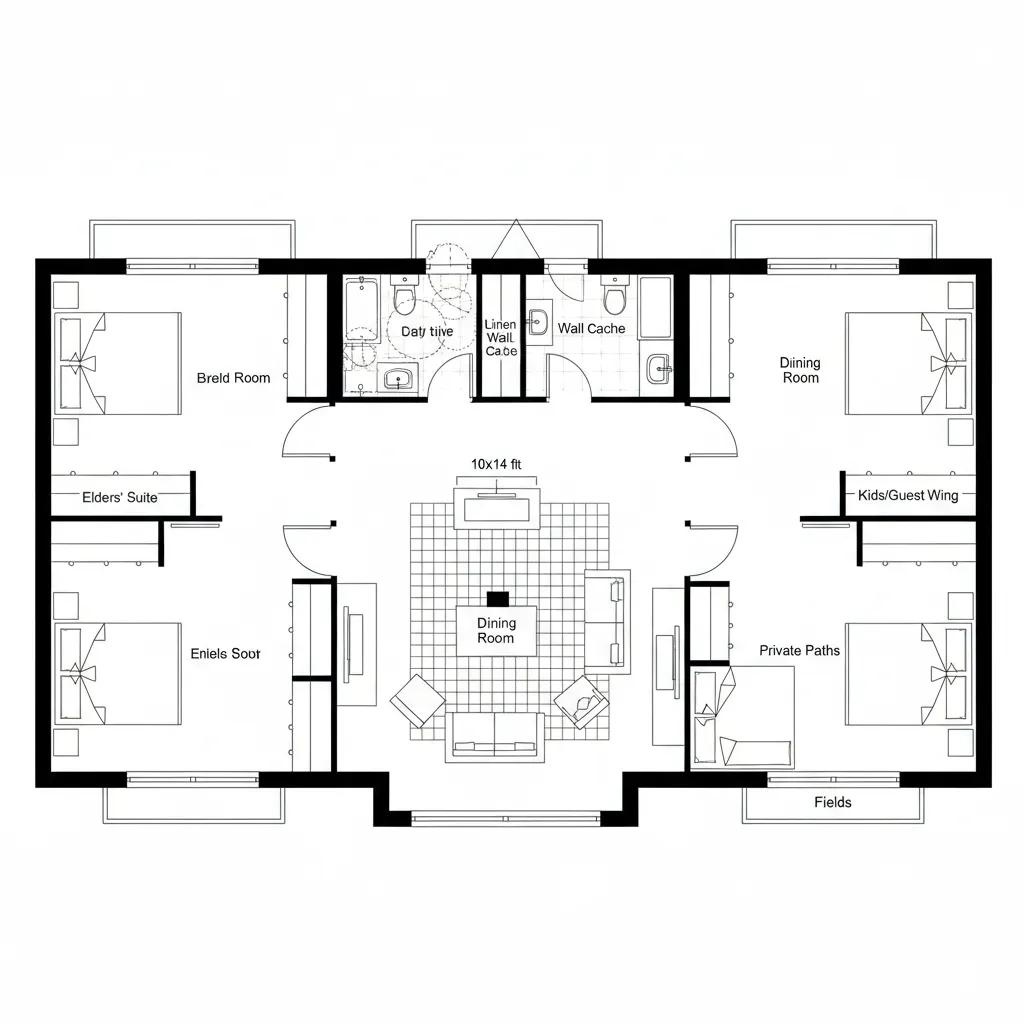 Symmetrical interior design drawing featuring four bedrooms two bathrooms and central dining room with large rug