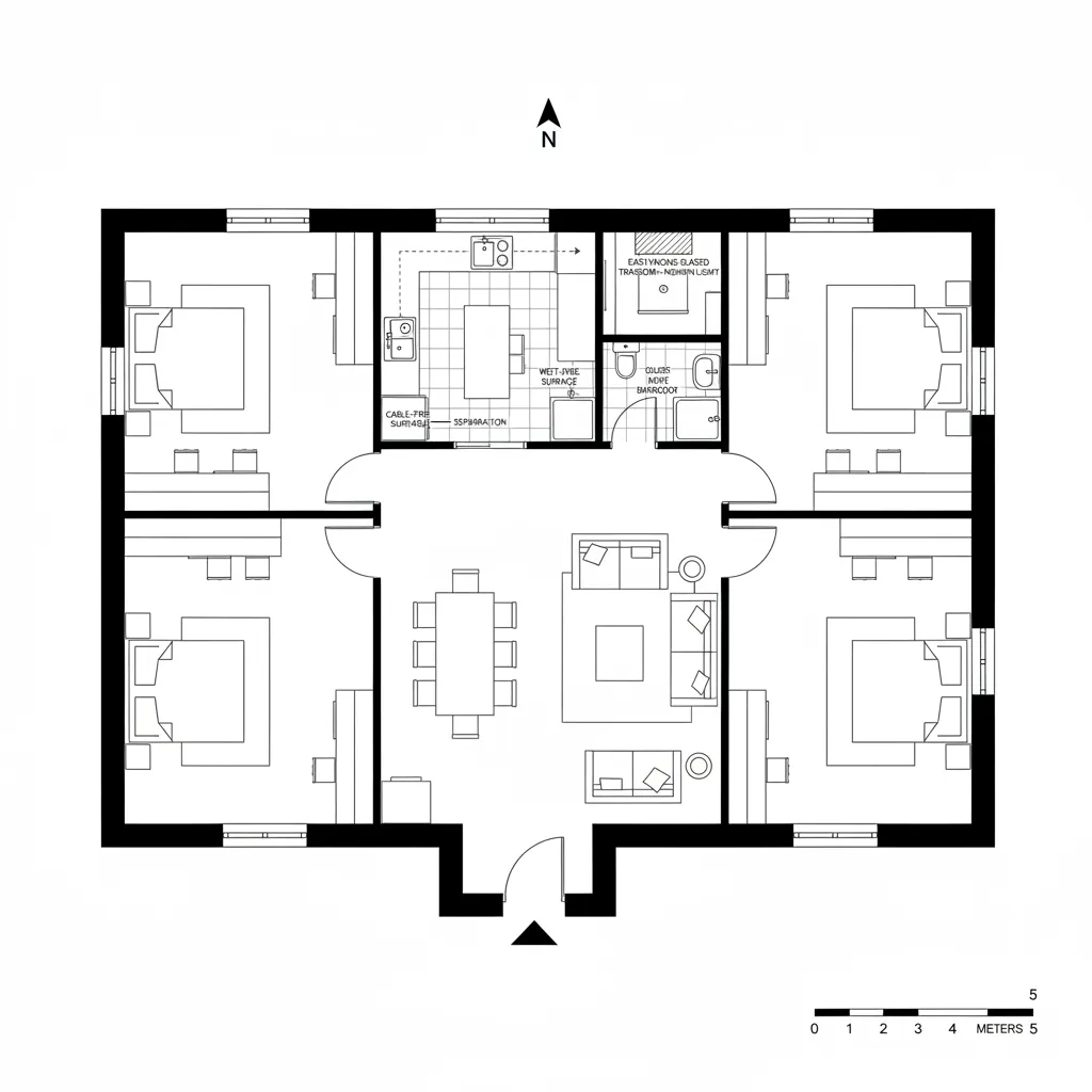 CAD plan showing split wings and an east-facing pooja near living