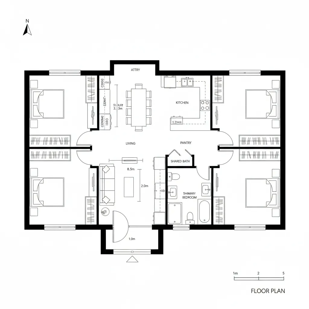 Professional house floor plan displaying four bedrooms open kitchen dining area living room and shared bathroom