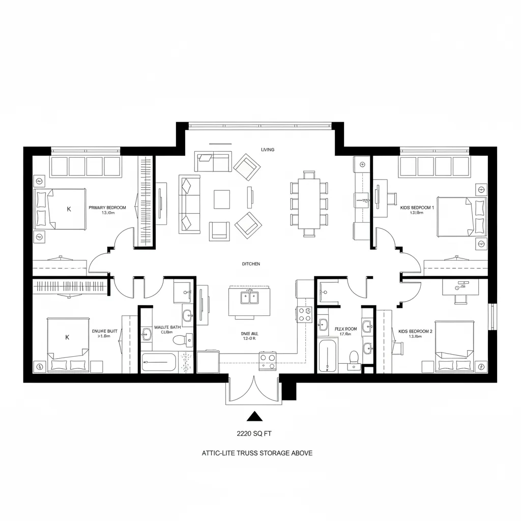 Top-down CAD plan showing central public core with split bedroom wings