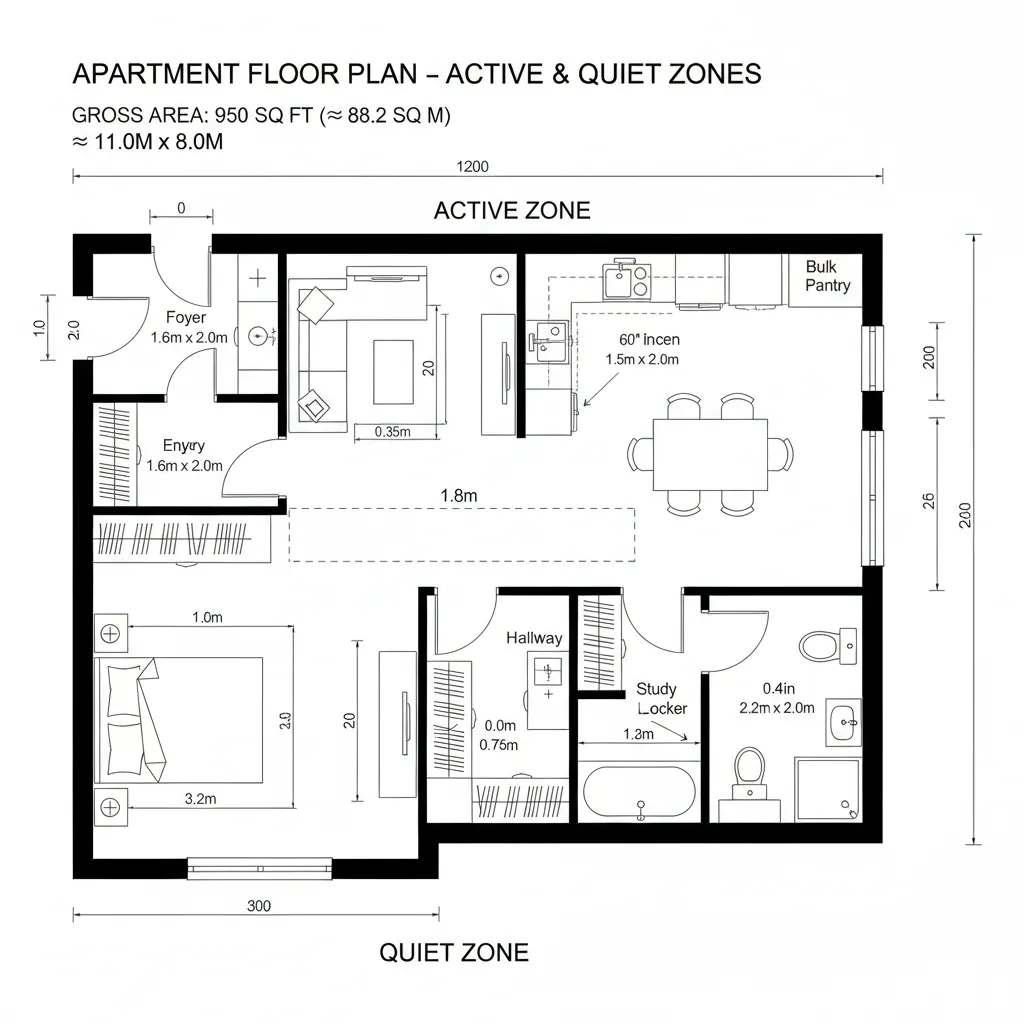Top-down 2D CAD floor plan dividing active and quiet zones with a sliding partition