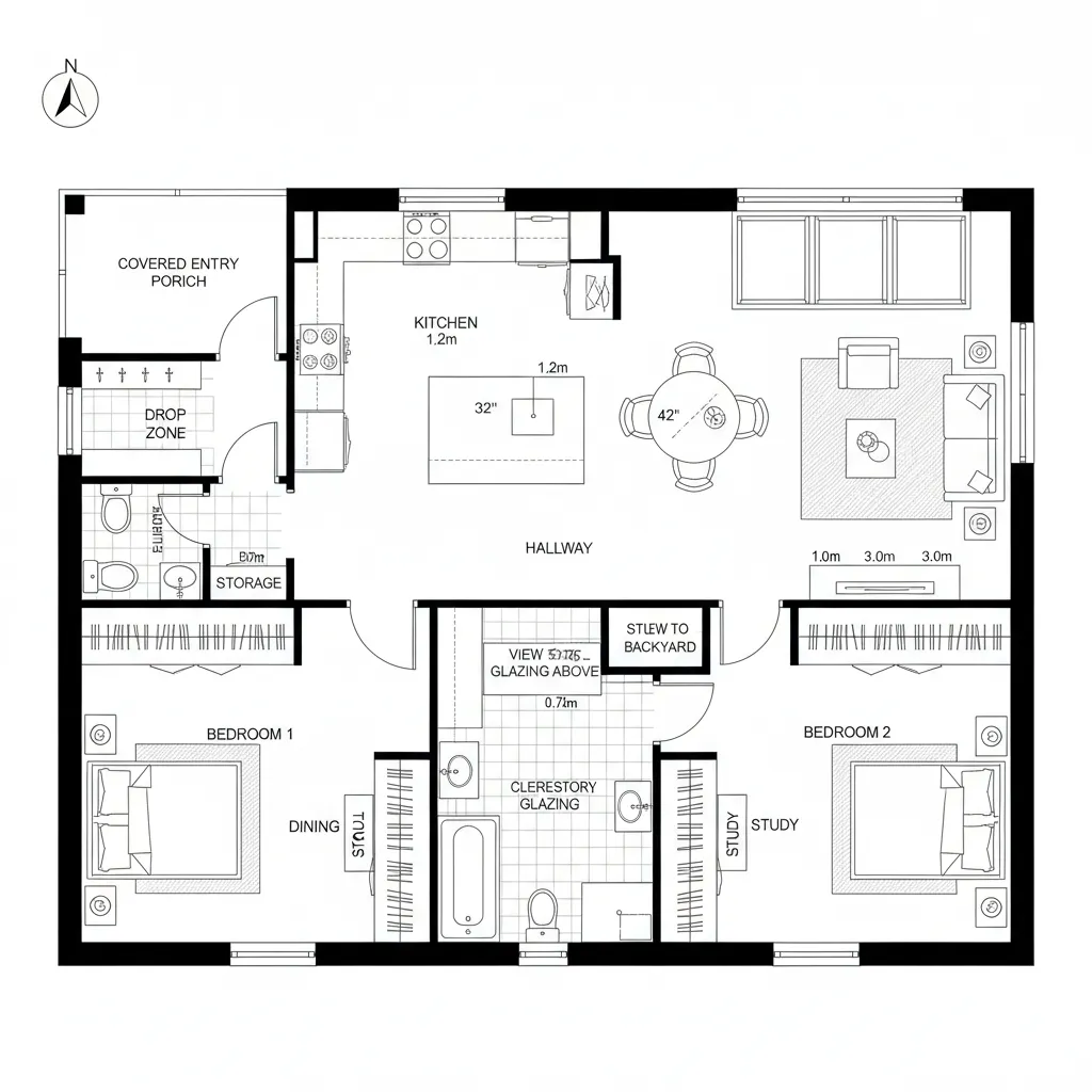 Two bedroom house floor plan showing kitchen dining area living room and labeled home room layout