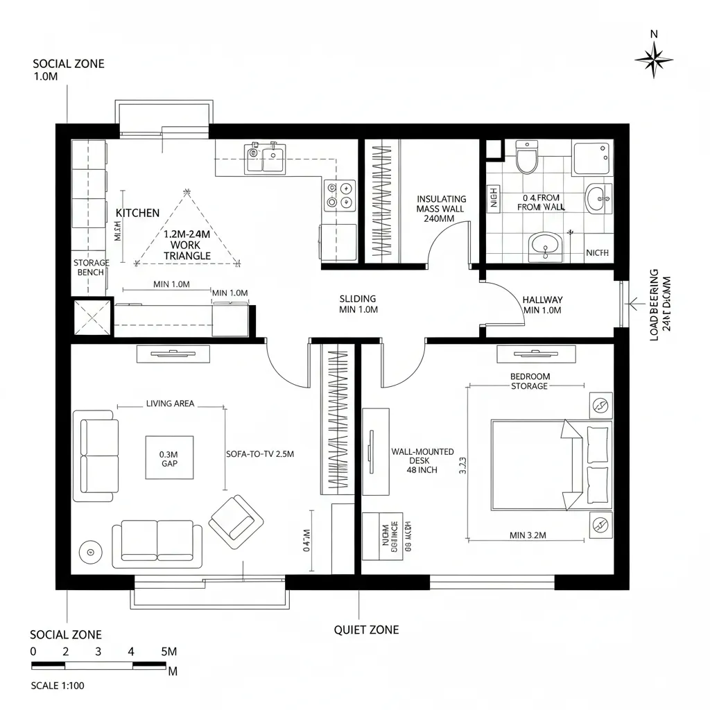 Top-down CAD floor plan dividing social and quiet zones with buffered threshold and insulated bathroom
