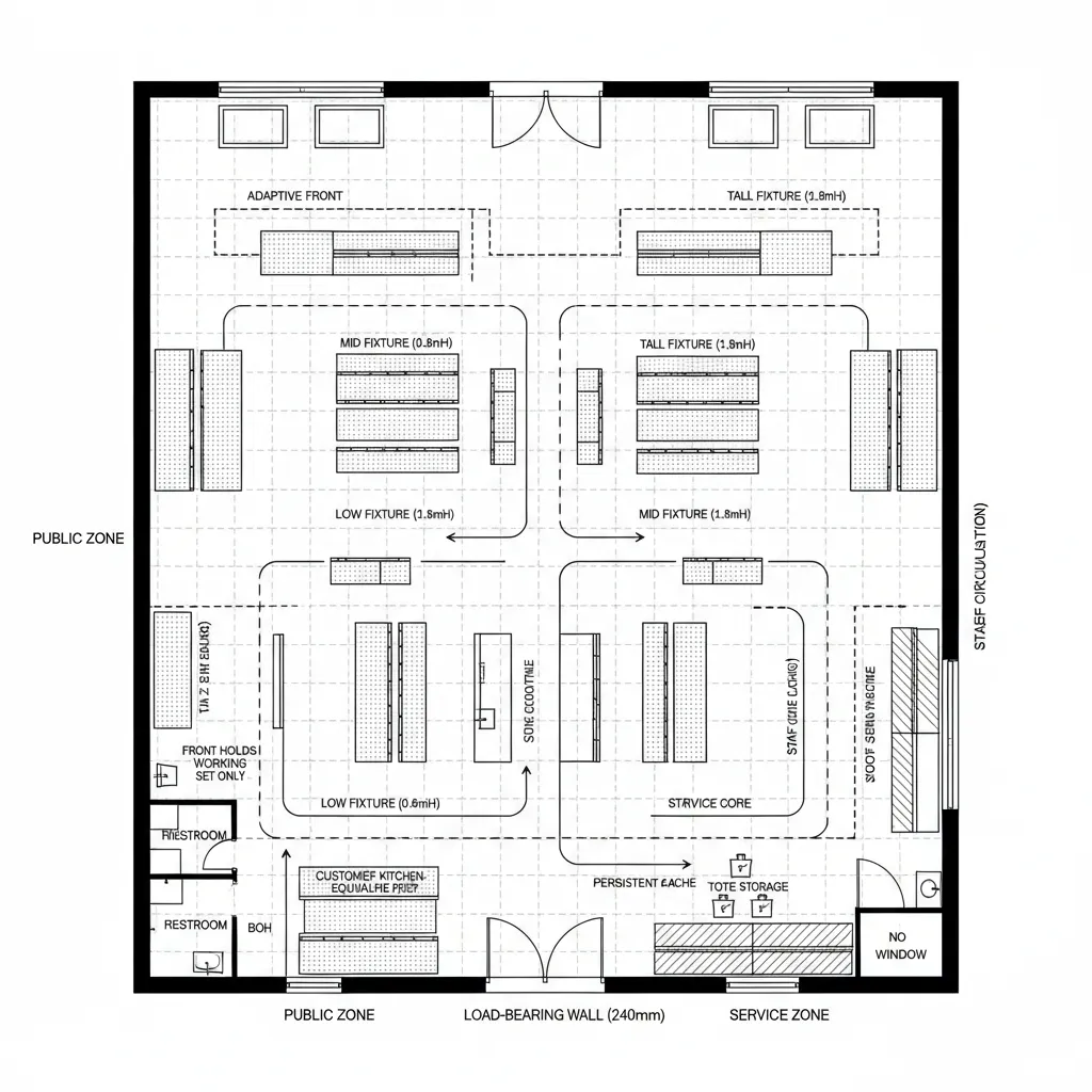 Top-down CAD plan of an adaptive front sales floor with rear service core
