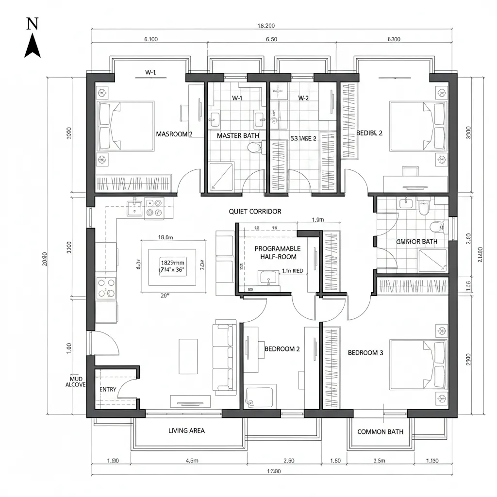 CAD plan showing split privacy zones with a lab kitchen and half-room bridge