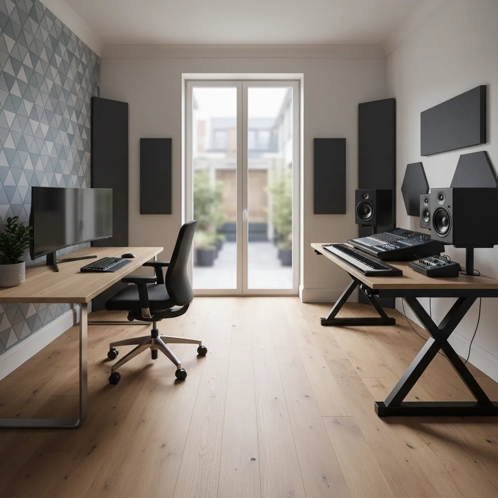 Split zone home office and music studio layout in medium room