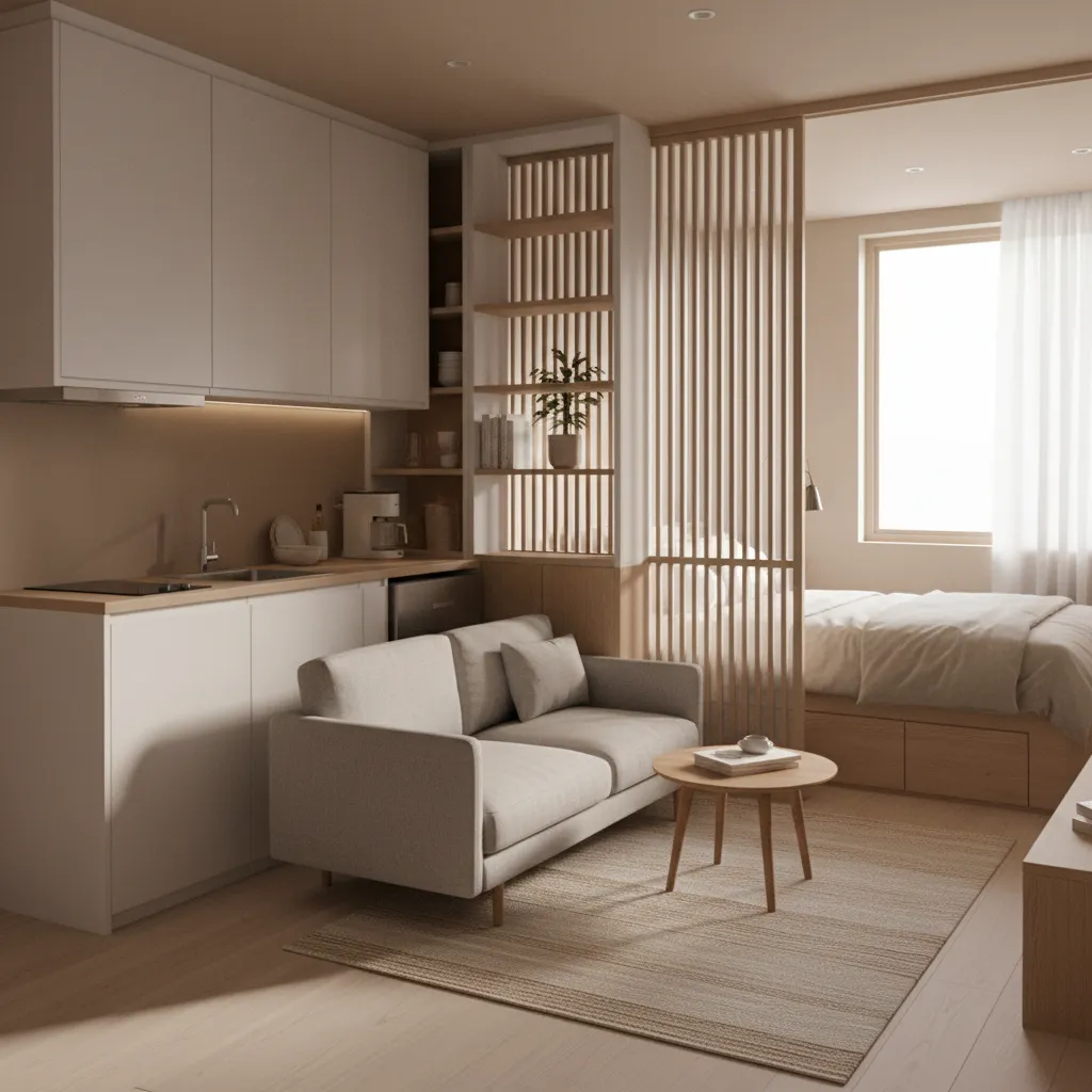 split zone layout tiny house showing living area and compact bedroom nook separation
