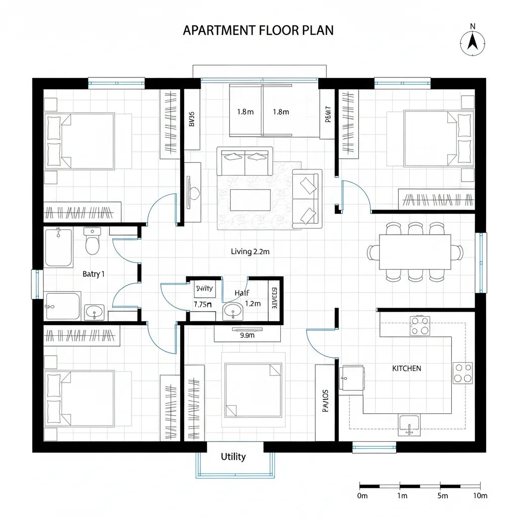 Top-down CAD plan of a two-bedroom organized as a 3x3 grid with clear zoning