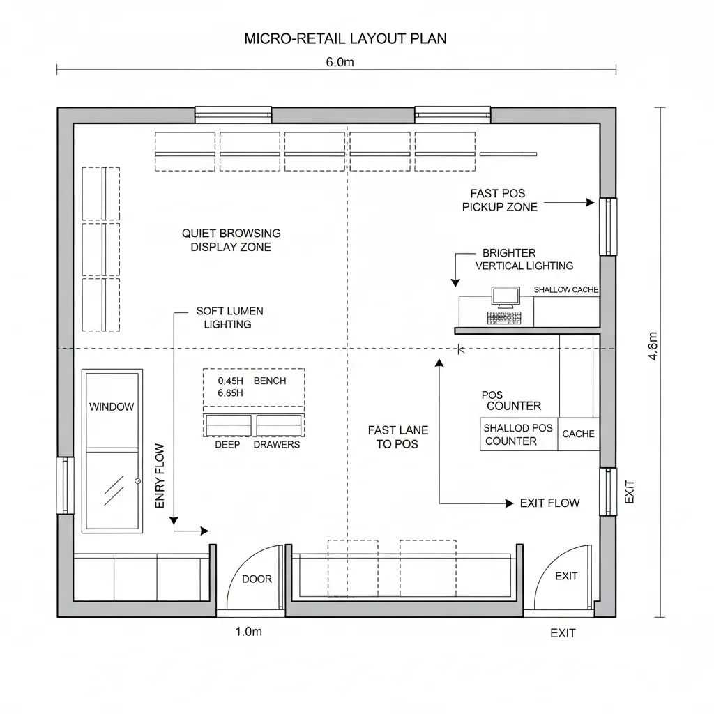 Retail store floor plan showing display areas checkout counter shelves and arrows for customer traffic