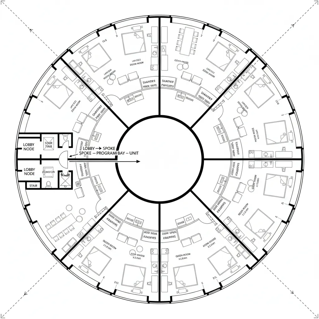 2D CAD plan of circular plaza with spoke corridors leading to program bays and residential units
