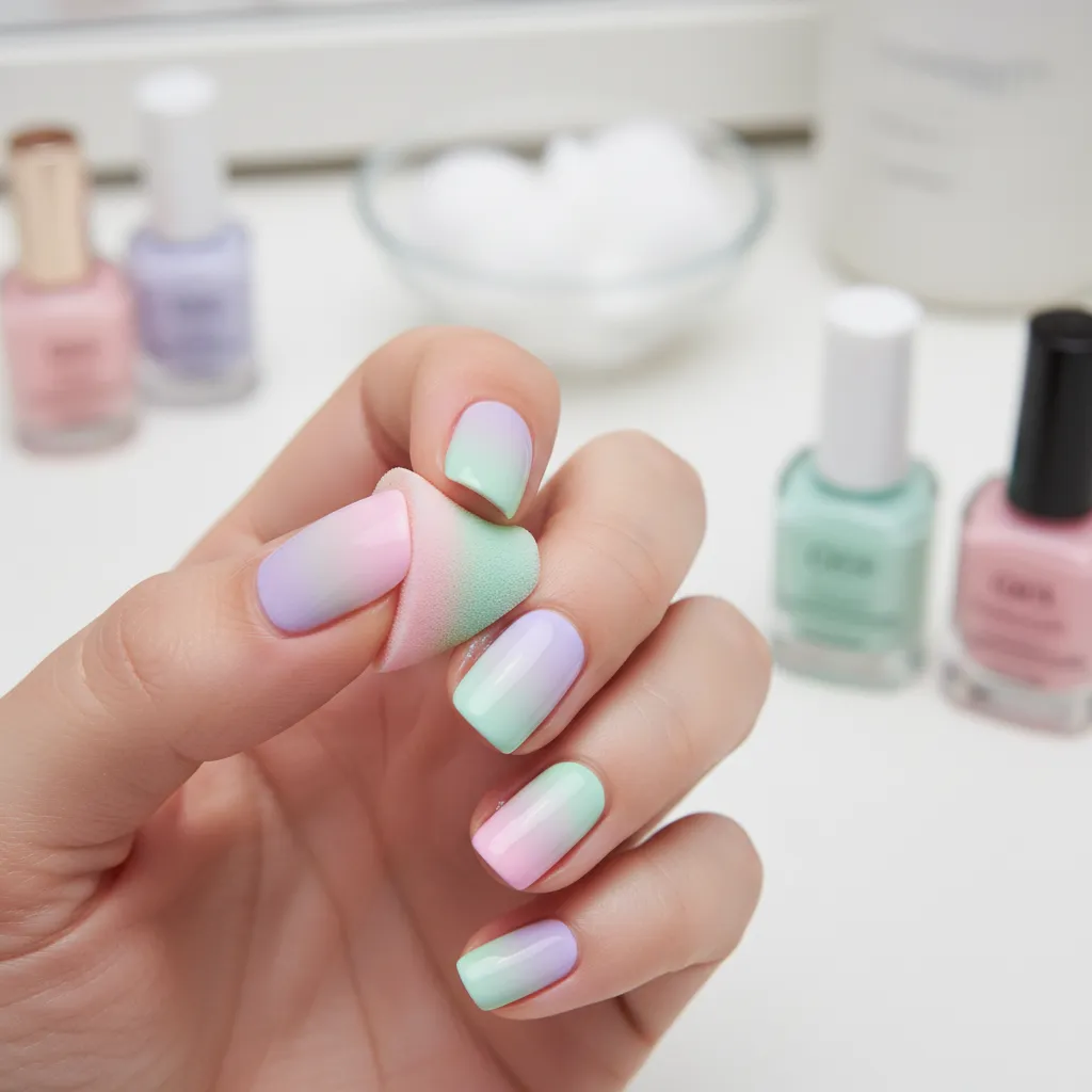 Degradado de esmalte realizado con esponja de maquillaje