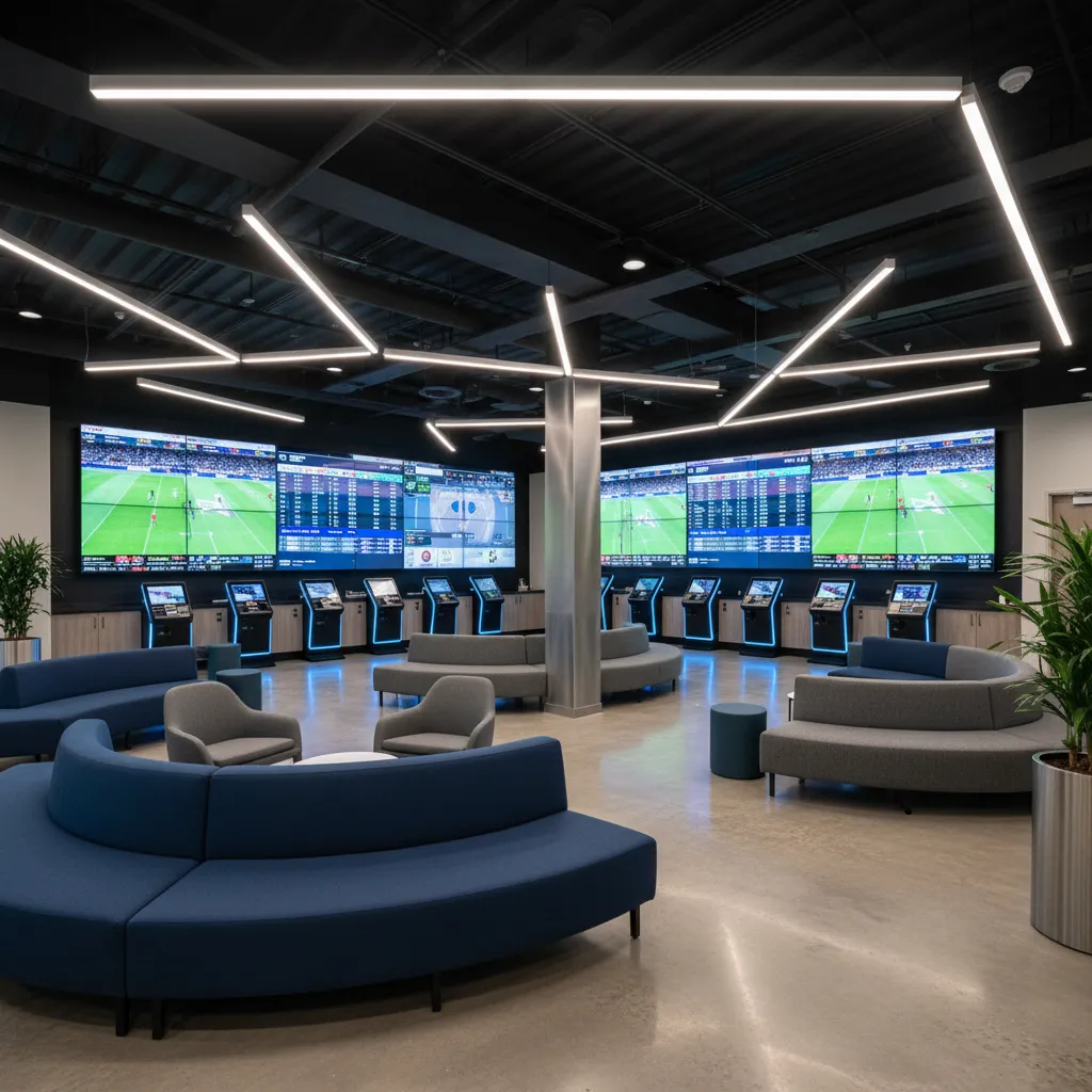 Espacio interior de apuestas con pantallas visibles desde diferentes ángulos