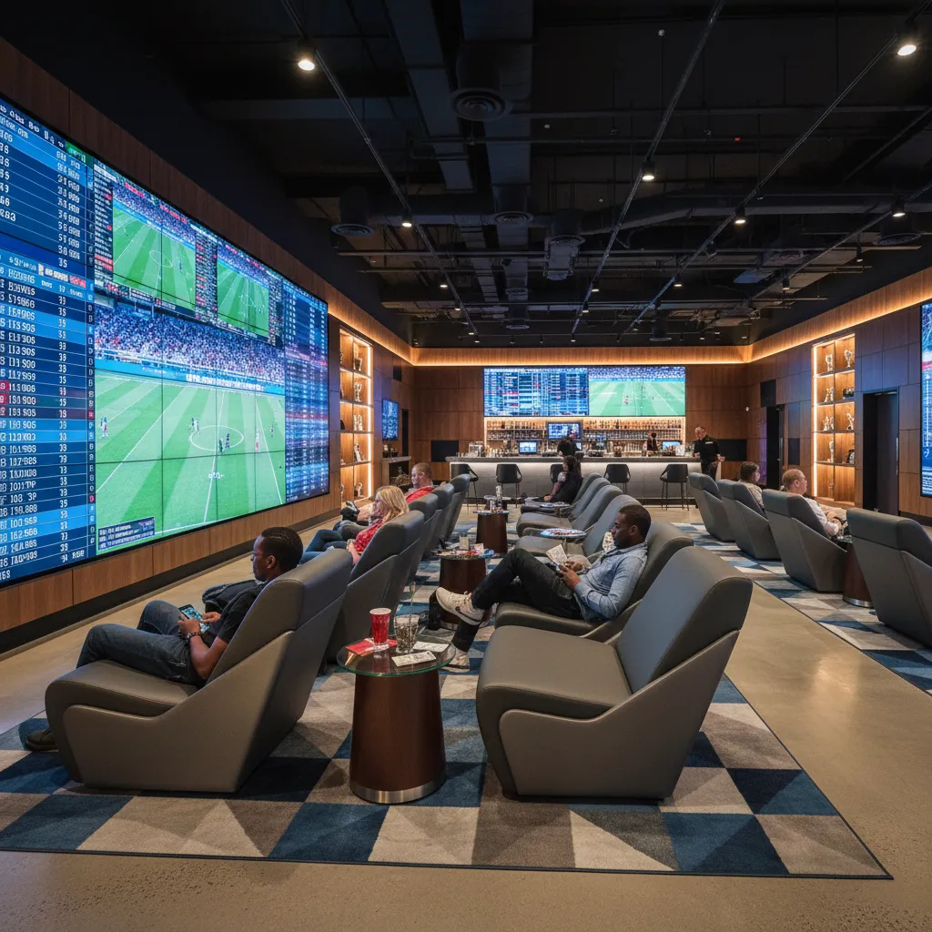 Zona de asientos en una casa de apuestas orientada a pantallas deportivas