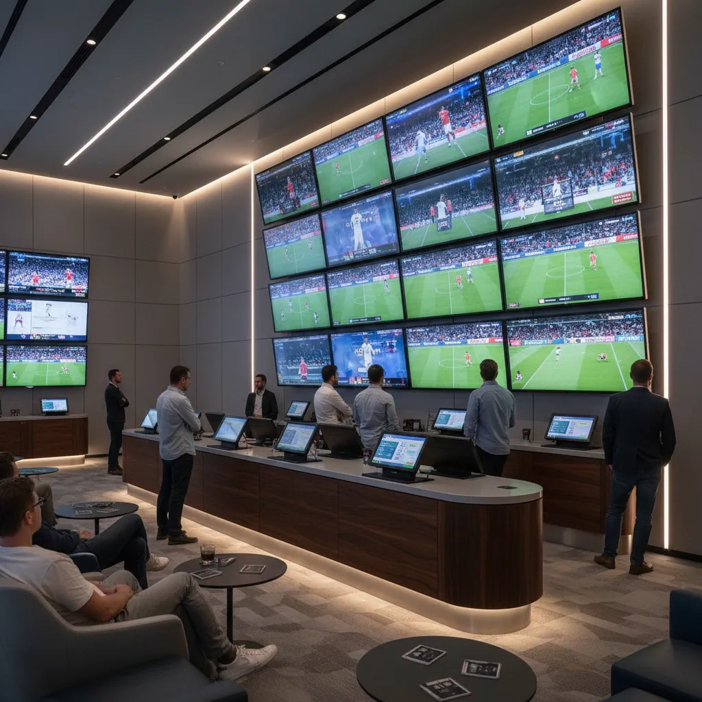 Distribución de pantallas en una casa de apuestas deportivas con visibilidad clara