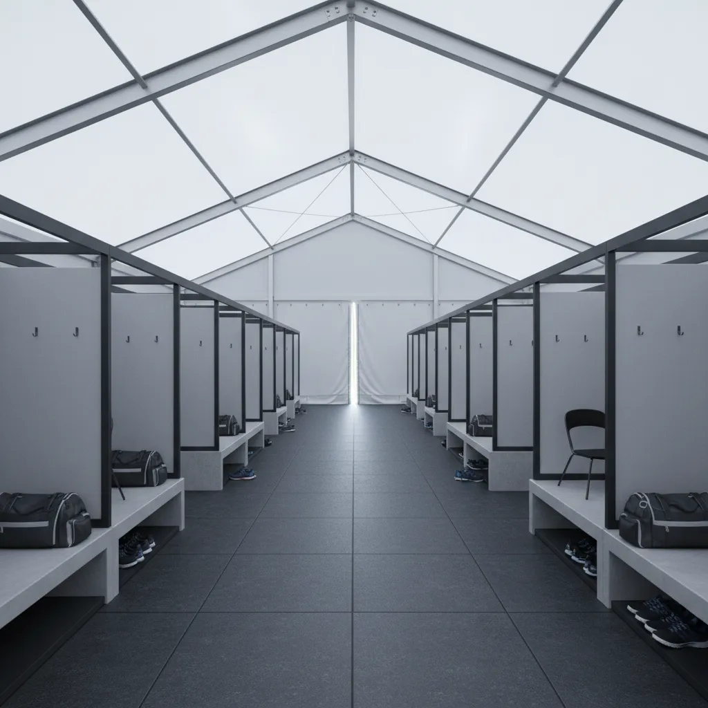 Large temporary changing tent used at a sports event with interior partitions