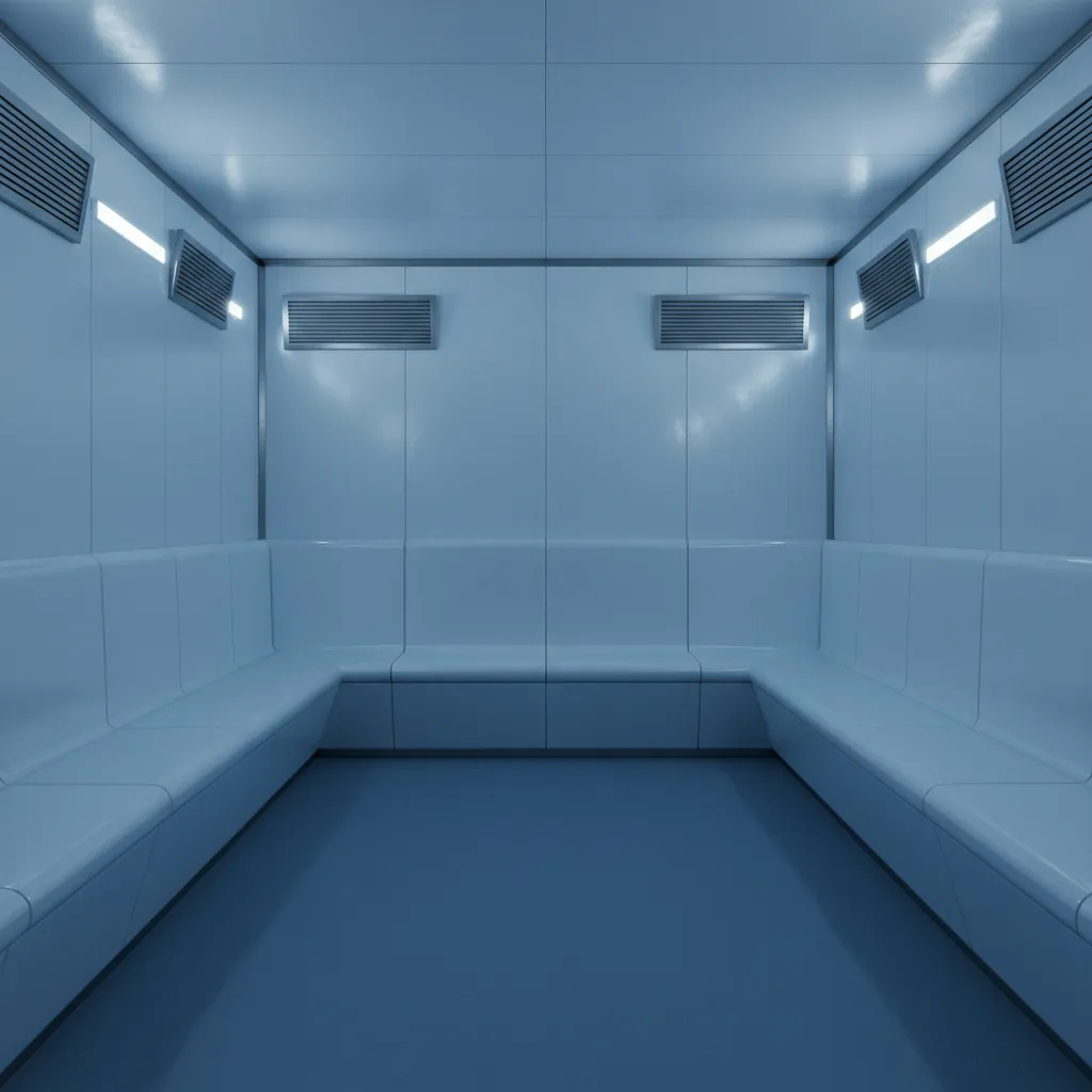 Interior of athlete cold recovery room with insulated panels and seating