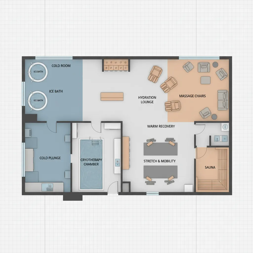 Architectural layout diagram of a sports recovery suite with cold room and hydrotherapy zones