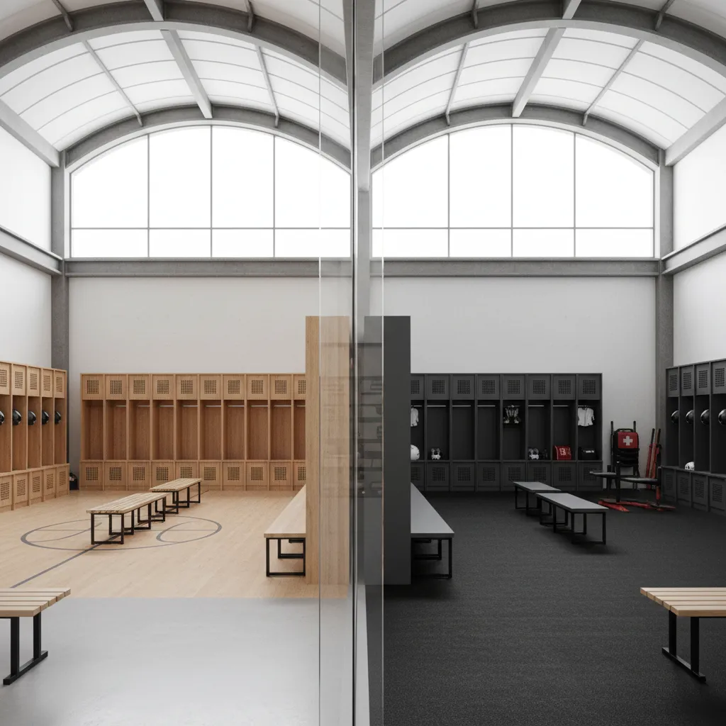 Side-by-side interior design drawing showing a light wood sports locker room versus black locker room