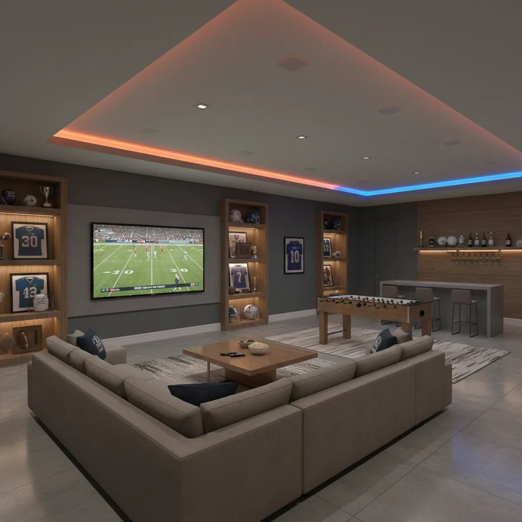 Sports lounge game room with large TV wall and sectional seating