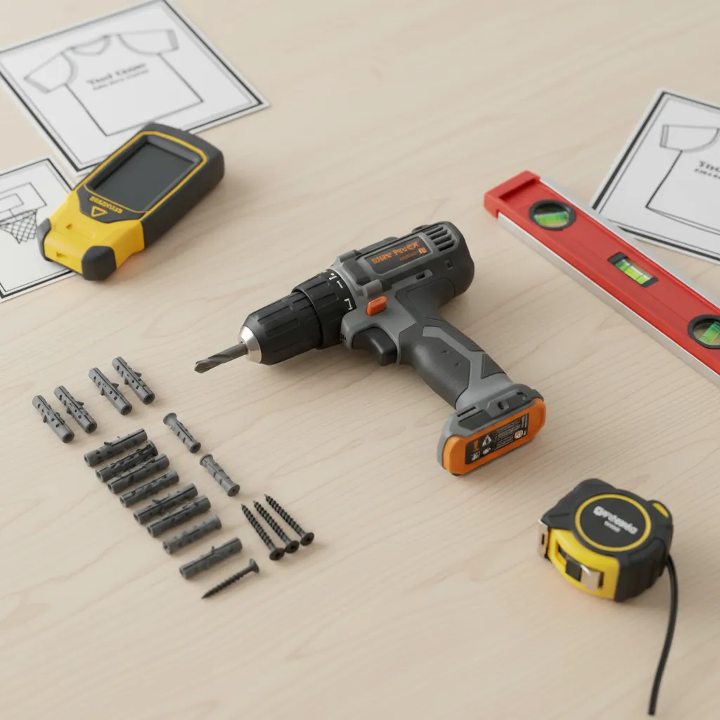 Essential tools for installing sports wall decor including level anchors and stud finder