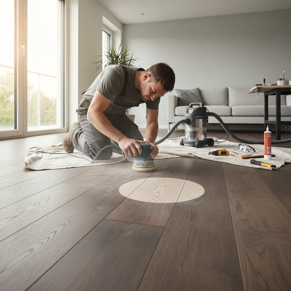 Contractor performing spot sanding repair on hardwood floor stain