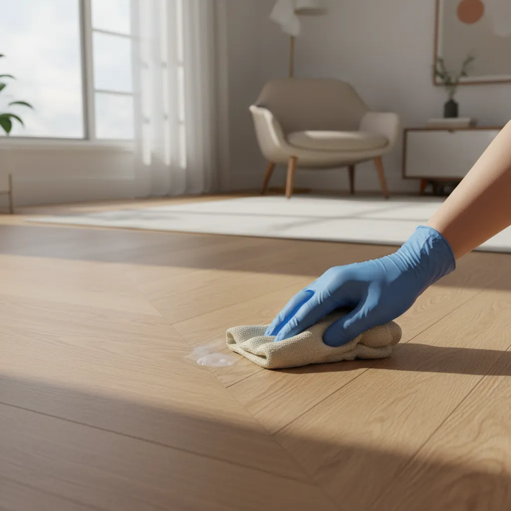 Testing cleaning solution on hidden area of hardwood floor using cloth