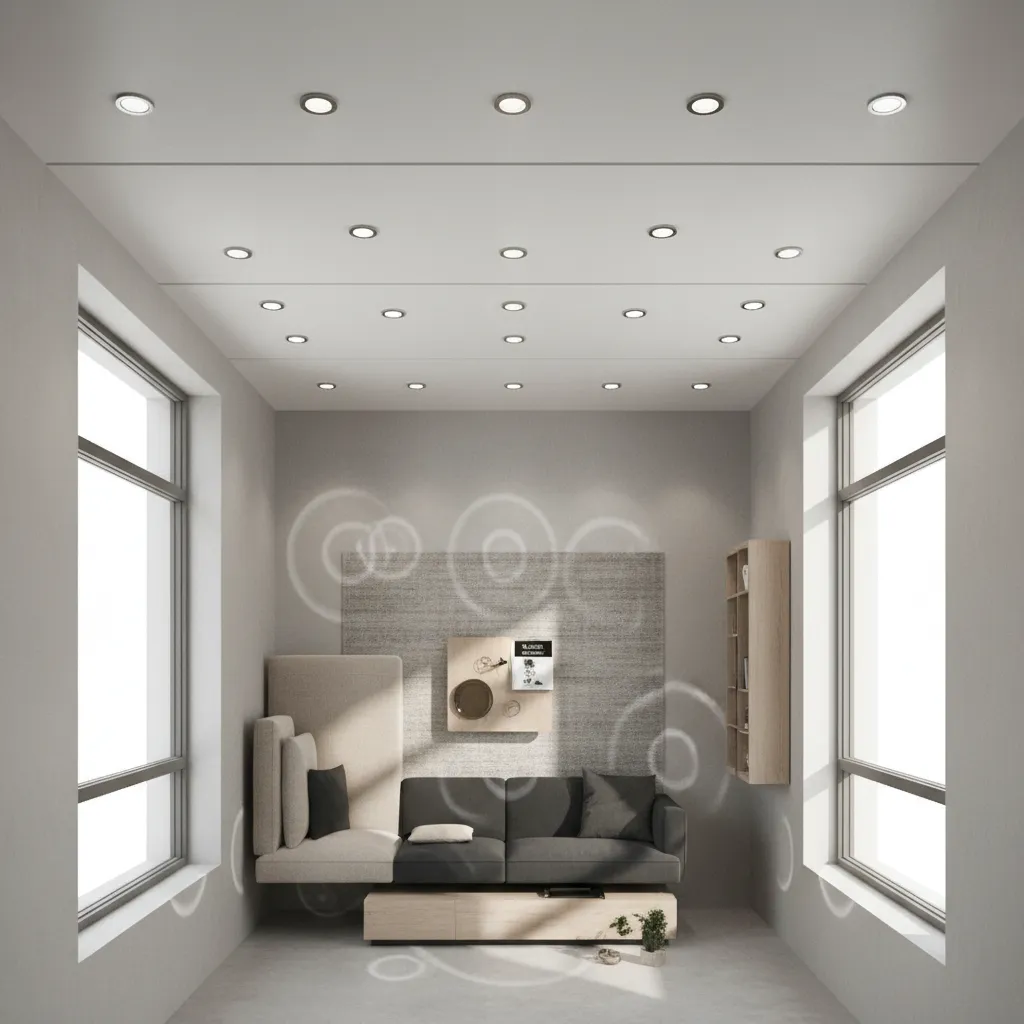 Spotlight placement across L shaped living room ceiling plan