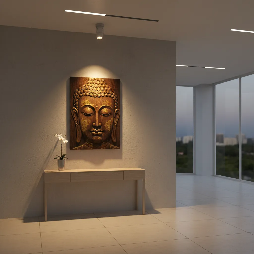Adjustable spotlight positioned to illuminate Buddha wall art at an angle