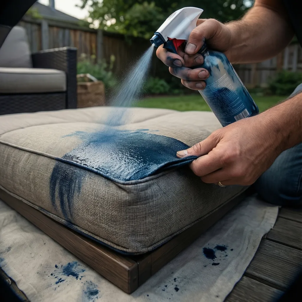 Applying spray fabric dye to outdoor cushion cover on patio