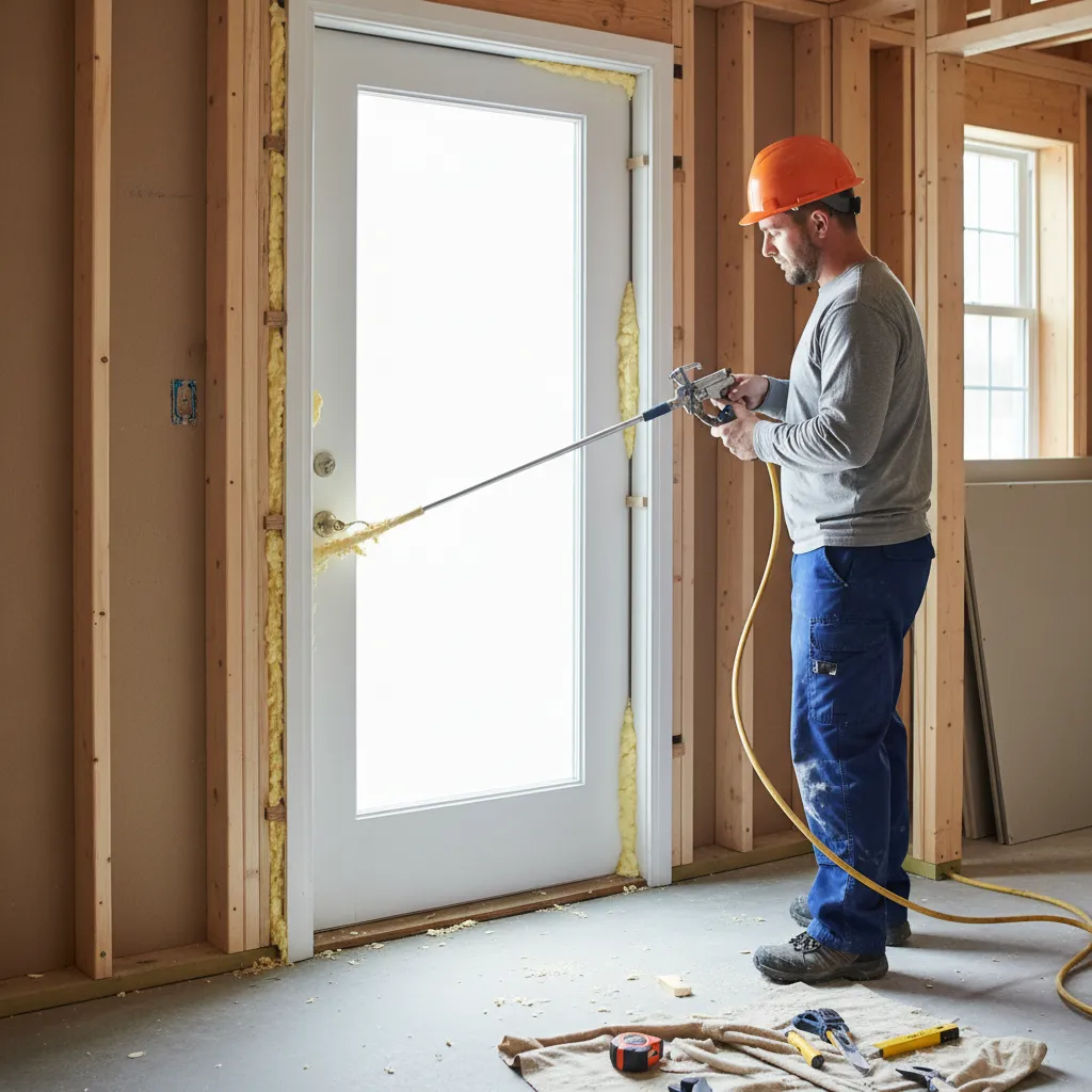 Low expansion spray foam sealing gap around exterior door frame