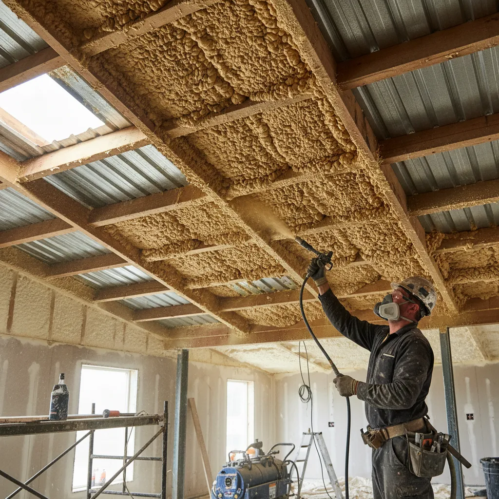 closed cell spray foam applied under metal roof panels for condensation control