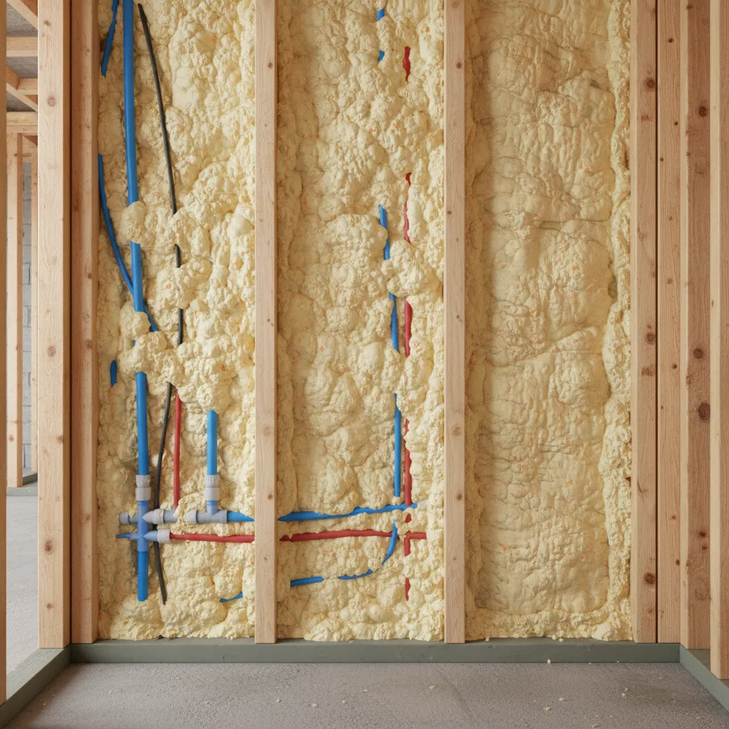 Spray foam insulation expanding inside wall cavity