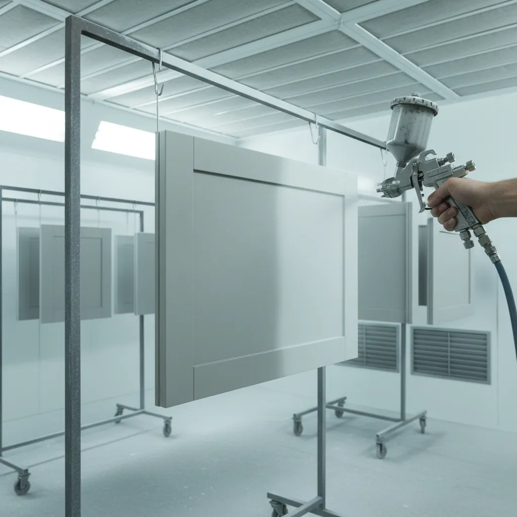 HVLP spray painting kitchen cabinet doors in a professional spray booth