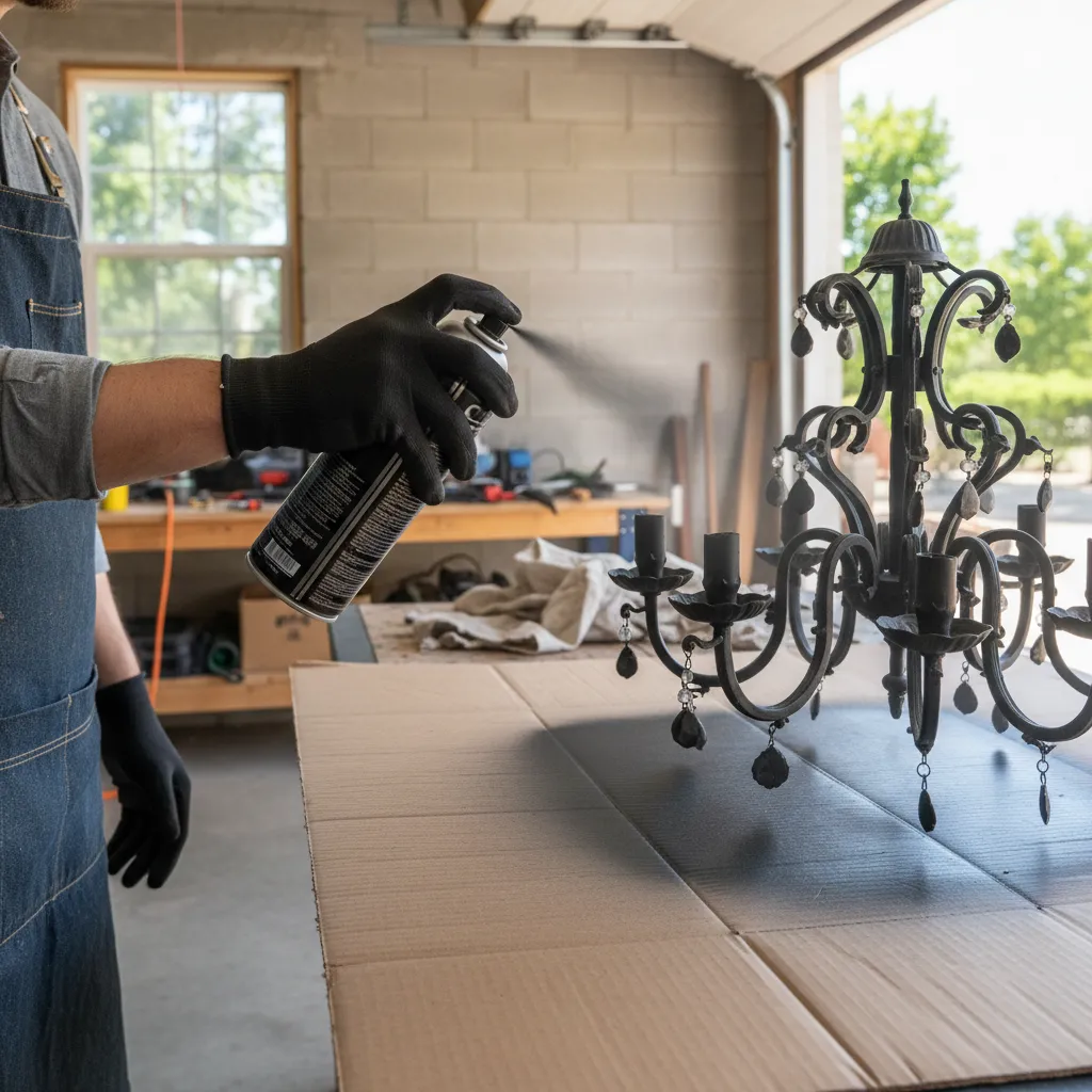 applying thin coats of spray paint to a chandelier fixture